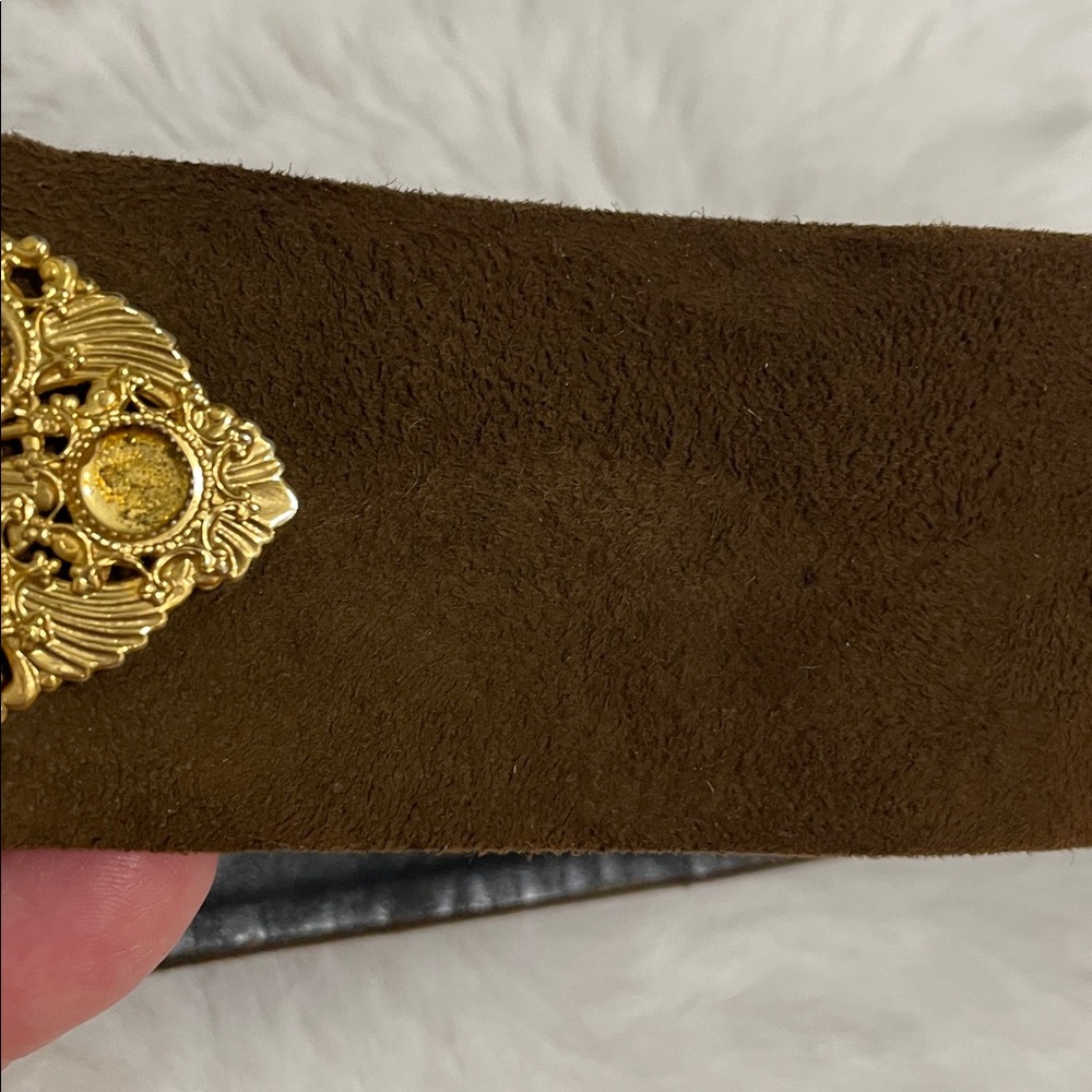 VTG Dior Brown Suede Belt with Ornate Gold Buckle and Red Accents - Picture 3 of 8